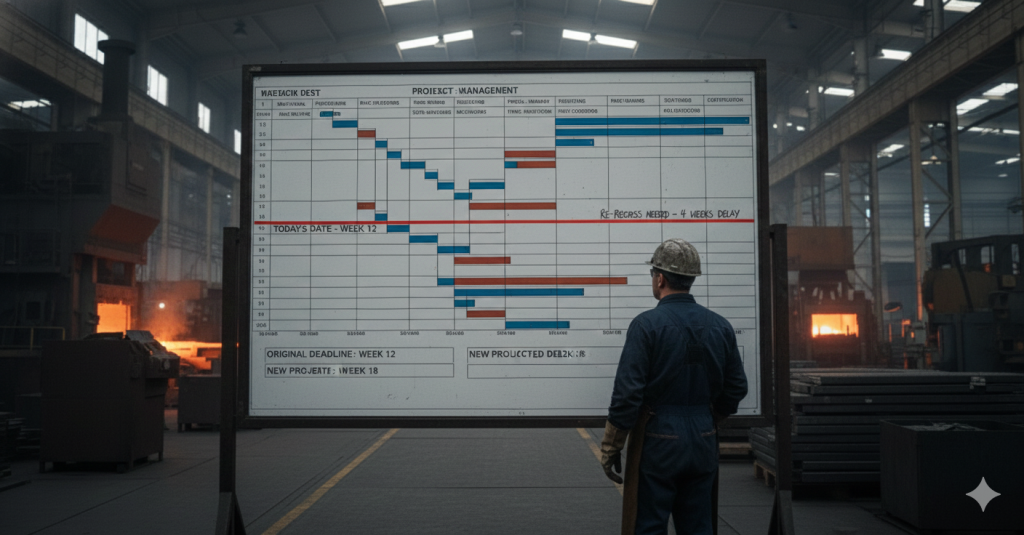 A forge worker in a hard hat and workwear stands in a dimly lit heavy industrial factory, studying a large project management Gantt chart on a whiteboard. The chart shows multiple delayed tasks in red, with a prominent red line marking “RE-FORECAST NEEDED – 4 WEEKS DELAY” and the original deadline pushed from Week 12 to Week 18. In the background, glowing orange furnaces and heavy machinery emphasize the high-stakes manufacturing environment