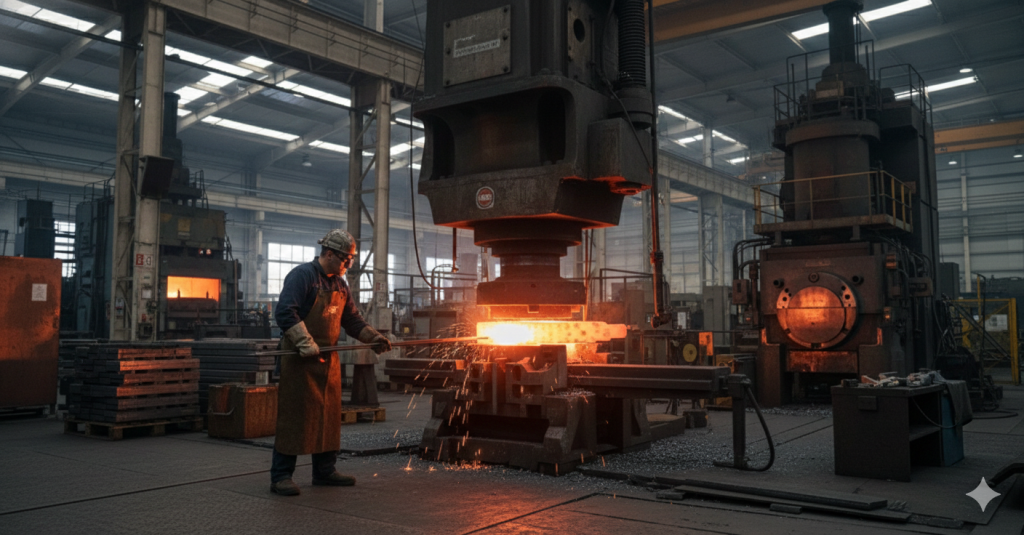 A skilled forge worker in protective gear and leather apron maneuvers a glowing, red-hot steel billet under a massive industrial forging press inside a spacious, well-lit factory. Bright orange light and sparks illuminate the scene as the heavy hammer descends, highlighting the intense heat and precision of the open-die forging process