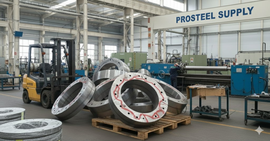 Inside a bright industrial workshop with a "PROSTEEL SUPPLY" sign overhead, several large, heavy steel ring forgings and flanges are stacked on wooden pallets in the foreground. A yellow forklift is parked nearby, and a worker in a blue uniform operates a large lathe in the background. The spacious factory floor is filled with machinery, tools, and additional metal components